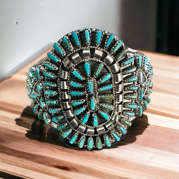 Genuine Sleeping Beauty Turquoise Sterling Silver Cuff Bracelet- Signed Cuff - Picture 6 of 16